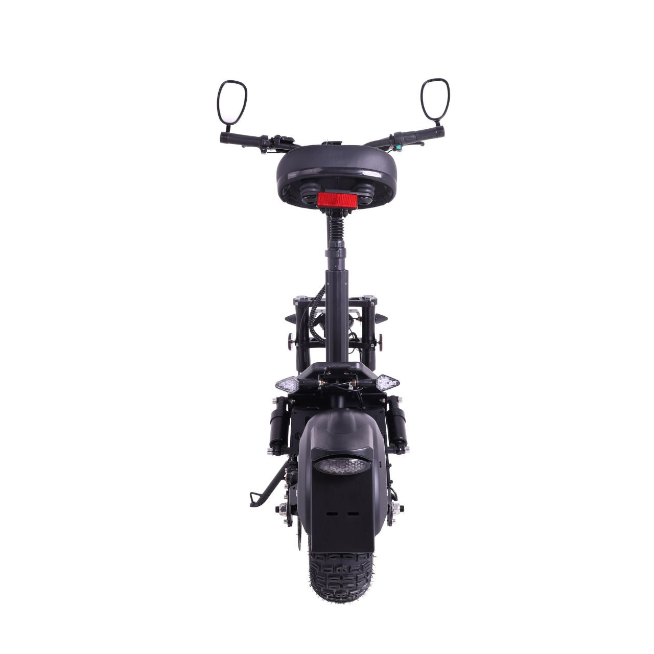 Seitenansicht des WANDLER Elektroroller Allrad schwarz mit klappbarem Lenker, ideal für Transporte, das auffällige WANDLER A/E-Logo im Blick.