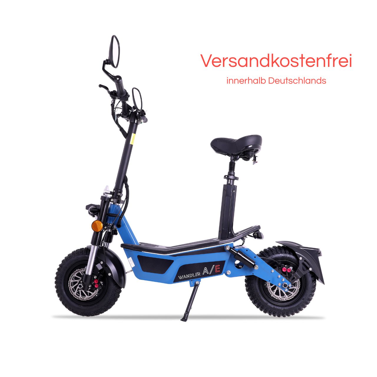 Seitenansicht des WANDLER Elektrorollers Allrad - 45 km/h, ideal für Stadtfahrten und Abenteuer, mit robustem Design und der WANDLER A/E Auszeichnung.